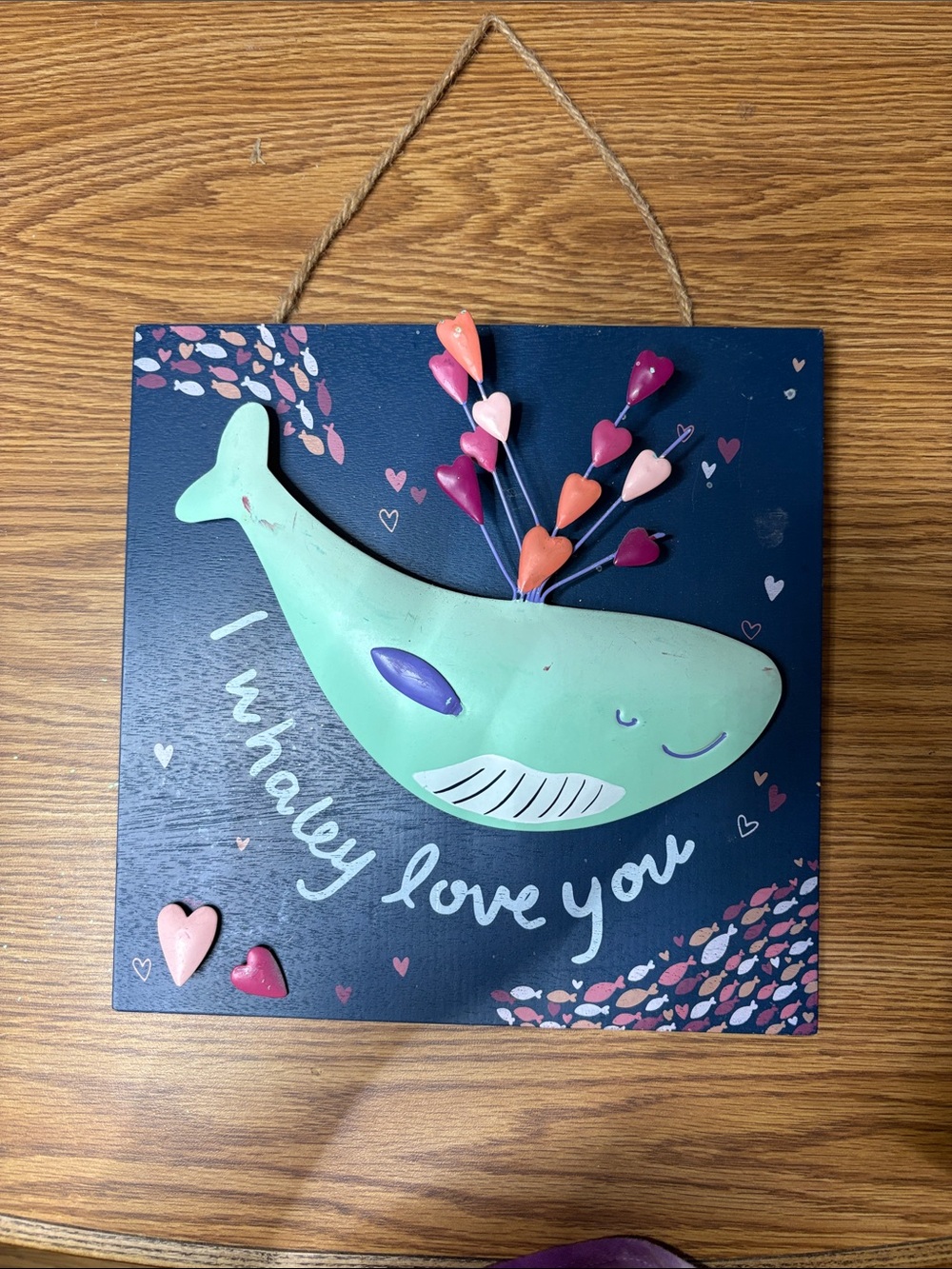 Mint Whale Wall Plaque with Pink Heart Accents